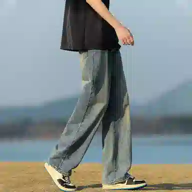 人本 中腰直筒宽松阔腿裤子松紧腰舒适休闲长裤牛仔裤夏季 男女同款