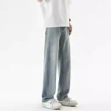 人本 美式简约长裤子后腰松紧直筒宽松舒适复古高街阔腿牛仔裤夏季 男女同款