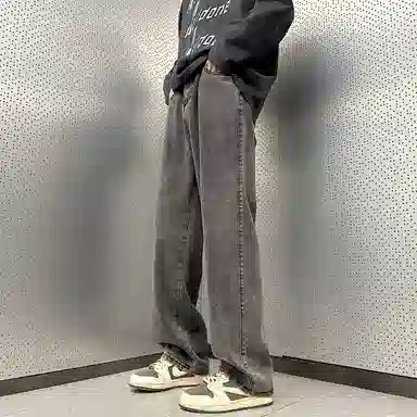 人本 美式简约长裤子后腰松紧直筒宽松舒适复古高街阔腿牛仔裤夏季 男女同款