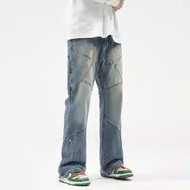 人本 潮流高街怀旧长裤子飘带多拼接设计宽松直筒水洗阔腿牛仔裤夏季 男女同款 复古蓝
