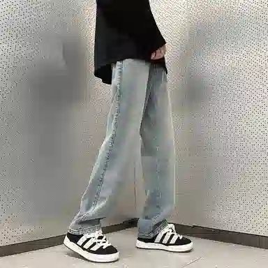 人本 美式简约长裤子后腰松紧直筒宽松舒适复古高街阔腿牛仔裤夏季 男女同款