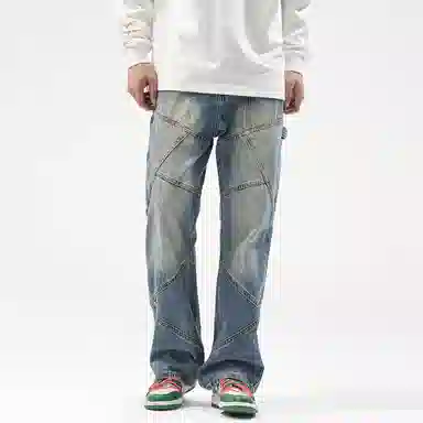 人本 潮流高街怀旧长裤子飘带多拼接设计宽松直筒水洗阔腿牛仔裤夏季 男女同款 复古蓝