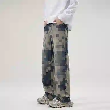 人本 复古美式高街马赛克渐变方格撞色格纹垂感休闲舒适水洗百搭宽松直筒牛仔裤 男女同款