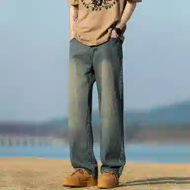 人本 中腰直筒宽松阔腿裤子松紧腰舒适休闲长裤牛仔裤夏季 男女同款