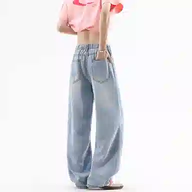 大卫贝肯 美式复古水洗做旧磨白泼墨半松紧设计时尚潮流莱赛尔薄款百搭亲肤柔软宽松休闲阔腿顺滑垂感牛仔裤 男女同款