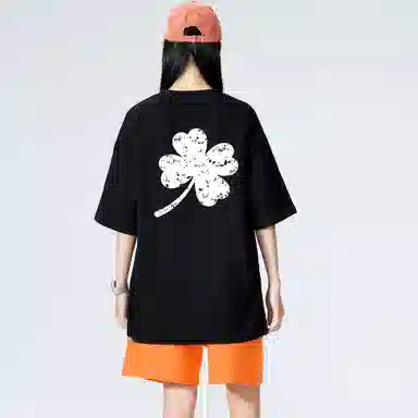 大卫贝肯 ×贝肯熊 联名款 幸运四叶草打碎字母印花透气圆领短袖手写撞色工装五分裤休闲运动套装 男女同款