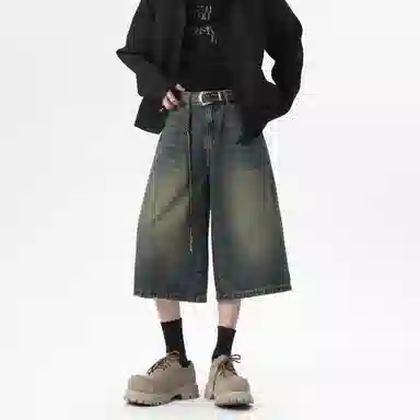 大卫贝肯 美式复古高街基础款纯色做旧宽松通勤高级感百搭潮流简约直筒七分牛仔短裤 男女同款