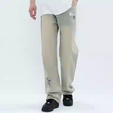 大卫贝肯 做旧字母印花涂鸦中腰拉链百搭直筒牛仔裤 男女同款