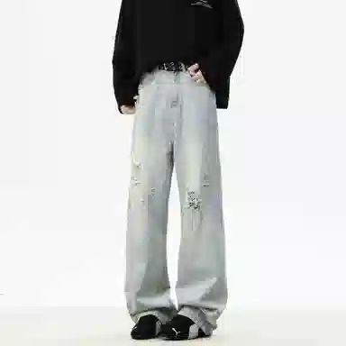 大卫贝肯 美式复古高街风水洗磨破设计舒适亲肤透气直筒长裤通勤百搭垂感休闲中腰宽松破洞牛仔裤 男女同款