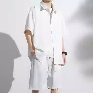 大卫贝肯 美式复古简约纯色宽松透气高级感痞帅垂感短袖上衣休闲字母休闲短裤衬衫套装 男女同款