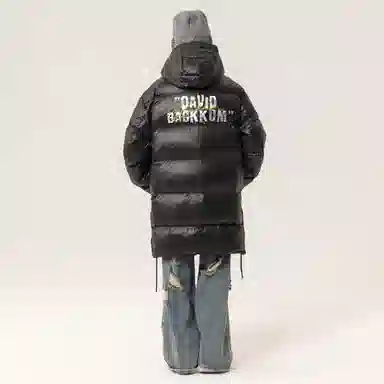 大卫贝肯 美式复古潮流时尚保暖防风字母印花设计宽松舒适连帽休闲中长款百搭外套羽绒服 男女同款 黑色