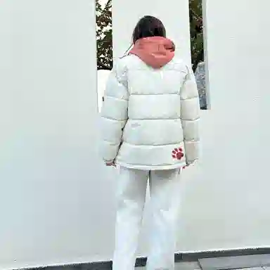 大卫贝肯 美式复古假两件趣味卡通爪印字母印花连帽保暖宽松纯色面包棉服垂感加绒加厚长裤休闲运动套装 男女同款