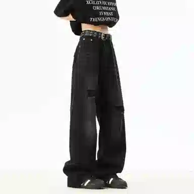 大卫贝肯 美式复古高街风水洗磨破设计舒适亲肤透气直筒长裤通勤百搭垂感休闲中腰宽松破洞牛仔裤 男女同款