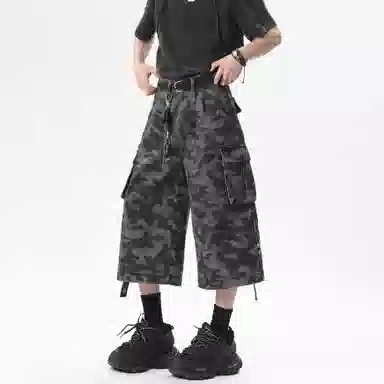 大卫贝肯 美式复古舒适百搭直筒阔腿七分牛仔短裤 男女同款 城市迷彩