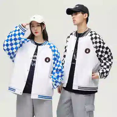 大卫贝肯  美式复古高街袖子格子纹设计日常通勤百搭休闲宽松潮流长袖棒球服 男女同款