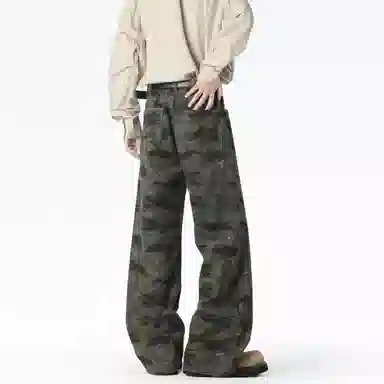 大卫贝肯 美式高街复古迷彩设计百搭阔腿宽松直筒休闲裤 男女同款