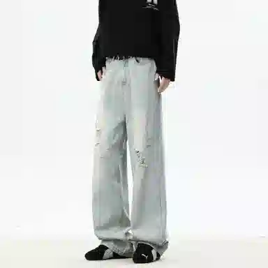 大卫贝肯 美式复古高街风水洗磨破设计舒适亲肤透气直筒长裤通勤百搭垂感休闲中腰宽松破洞牛仔裤 男女同款