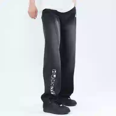 大卫贝肯 做旧字母印花涂鸦中腰拉链百搭直筒牛仔裤 男女同款