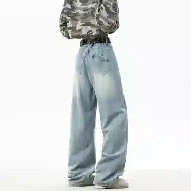 大卫贝肯 美式复古高街风水洗磨破设计舒适亲肤透气直筒长裤通勤百搭垂感休闲中腰宽松破洞牛仔裤 男女同款