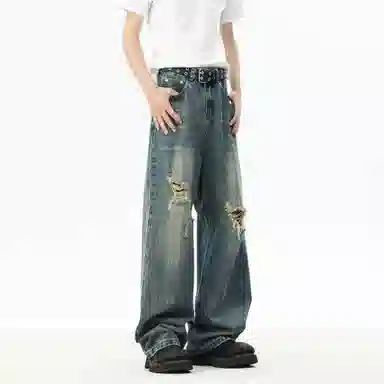 大卫贝肯 美式复古高街风水洗磨破设计舒适亲肤透气直筒长裤通勤百搭垂感休闲中腰宽松破洞牛仔裤 男女同款