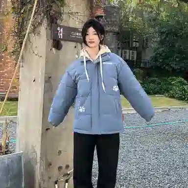 大卫贝肯 美式复古假两件趣味卡通爪印字母印花连帽保暖宽松纯色面包棉服垂感加绒加厚长裤休闲运动套装 男女同款