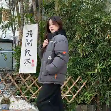 大卫贝肯 美式复古假两件趣味卡通爪印字母印花连帽保暖宽松纯色面包棉服垂感加绒加厚长裤休闲运动套装 男女同款