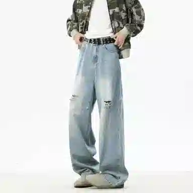 大卫贝肯 美式复古高街风水洗磨破设计舒适亲肤透气直筒长裤通勤百搭垂感休闲中腰宽松破洞牛仔裤 男女同款