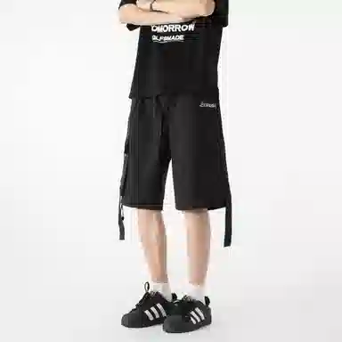 大卫贝肯 美式复古高街百搭绣花刺绣字母休闲潮流宽松腰部可调节抽绳两侧大口袋飘带设计个性五分工装短裤 男女同款