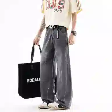 大卫贝肯 美式复古水洗做旧磨白泼墨半松紧设计时尚潮流莱赛尔薄款百搭亲肤柔软宽松休闲阔腿顺滑垂感牛仔裤 男女同款