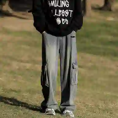 大卫贝肯 美式复古高街水洗做旧宽松休闲工装直筒拖地牛仔裤 男女同款 蓝色