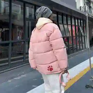 大卫贝肯 美式复古假两件趣味卡通爪印字母印花连帽保暖宽松纯色面包棉服垂感加绒加厚长裤休闲运动套装 男女同款