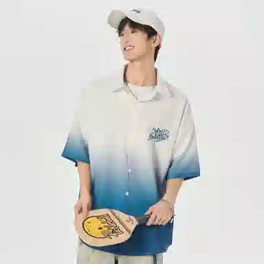 大卫贝肯 美式复古字母设计宽松休闲纯色百搭渐变透气垂感落肩短袖衬衫 男女同款