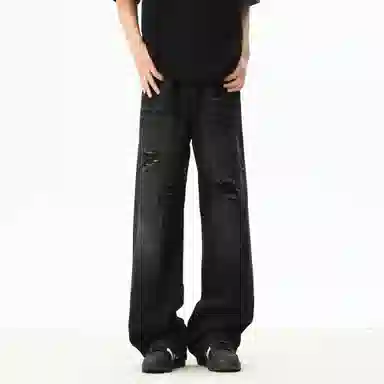 大卫贝肯 美式复古高街风水洗磨破设计舒适亲肤透气直筒长裤通勤百搭垂感休闲中腰宽松破洞牛仔裤 男女同款