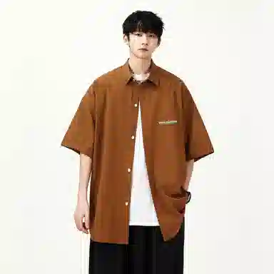 大卫贝肯 潮牌美式高级感重叠撞色字母小众设计时尚基础款纯色简约复古休闲运动百搭透气冰丝宽松翻领单排扣冰感短袖衬衫 男女同款