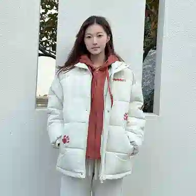 大卫贝肯 美式复古假两件趣味卡通爪印字母印花连帽保暖宽松纯色面包棉服垂感加绒加厚长裤休闲运动套装 男女同款