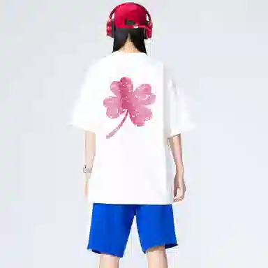 大卫贝肯 ×贝肯熊 联名款 幸运四叶草打碎字母印花透气圆领短袖手写撞色工装五分裤休闲运动套装 男女同款