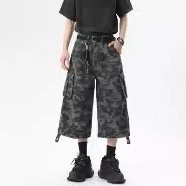 大卫贝肯 美式复古舒适百搭直筒阔腿七分牛仔短裤 男女同款 城市迷彩