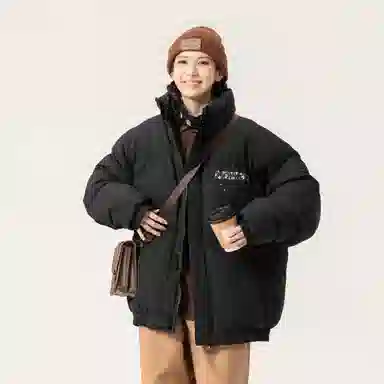 大卫贝肯 美式复古潮流个性樱花花卉字母印花日常出行通勤休闲宽松百搭立领高街面包服加厚保暖棉服 男女同款 黑色