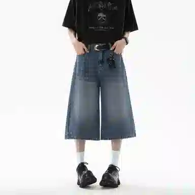 大卫贝肯 美式复古高街基础款纯色做旧宽松通勤高级感百搭潮流简约直筒七分牛仔短裤 男女同款