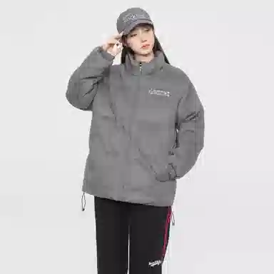 大卫贝肯 美式高街背面樱花花卉图案字母印花日常通勤百搭宽松休闲立领棉服 男女同款 黑色