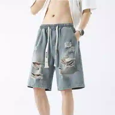 大卫贝肯 美式高街破洞水洗字母松紧腰抽绳宽松直筒休闲五分牛仔短裤 男女同款