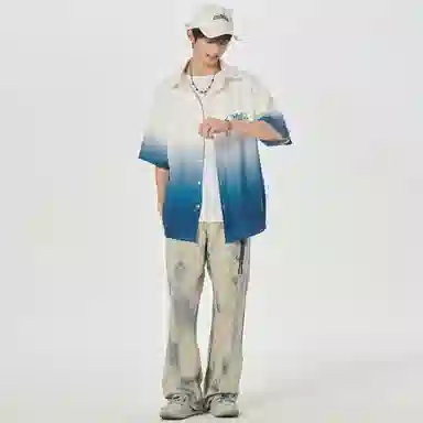 大卫贝肯 美式复古字母设计宽松休闲纯色百搭渐变透气垂感落肩短袖衬衫 男女同款