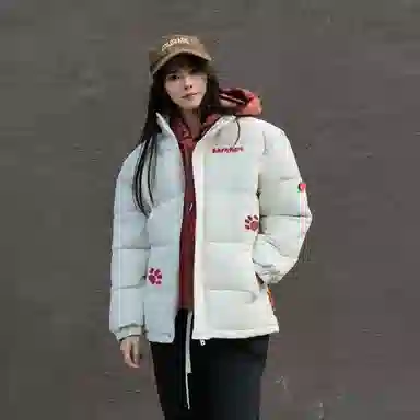 大卫贝肯 美式复古假两件趣味卡通爪印字母印花连帽保暖宽松纯色面包棉服垂感加绒加厚长裤休闲运动套装 男女同款