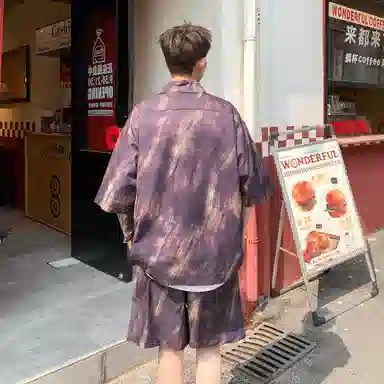 大卫贝肯 美式复古高品质重磅潮流薄款冰丝油墨晕染斑驳设计感格子百搭翻领落肩短袖衬衫搭基础款五分裤宽松休闲运动套装 男女同款