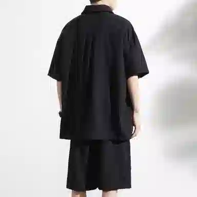 大卫贝肯 美式复古简约纯色宽松透气高级感痞帅垂感短袖上衣休闲字母休闲短裤衬衫套装 男女同款