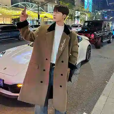 大卫贝肯 韩系经典纯色大口袋高级感签名印花百搭英伦风飘带中长款潮流痞帅加厚保暖毛呢休闲大衣 男女同款