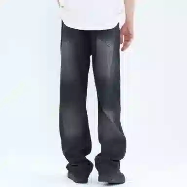 大卫贝肯 做旧字母印花涂鸦中腰拉链百搭直筒牛仔裤 男女同款