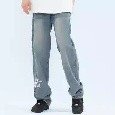 大卫贝肯 做旧字母印花涂鸦中腰拉链百搭直筒牛仔裤 男女同款