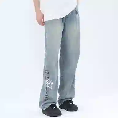 大卫贝肯 做旧字母印花涂鸦中腰拉链百搭直筒牛仔裤 男女同款