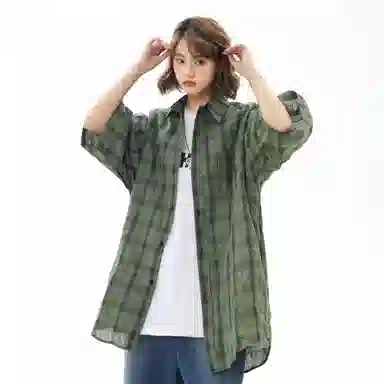 大卫贝肯 韩版复古格子基础款时尚休闲学院风小众褶皱设计随性慵懒感无性别主义宽松百搭轻薄凉爽透气日常通勤翻领短袖衬衫 男女同款